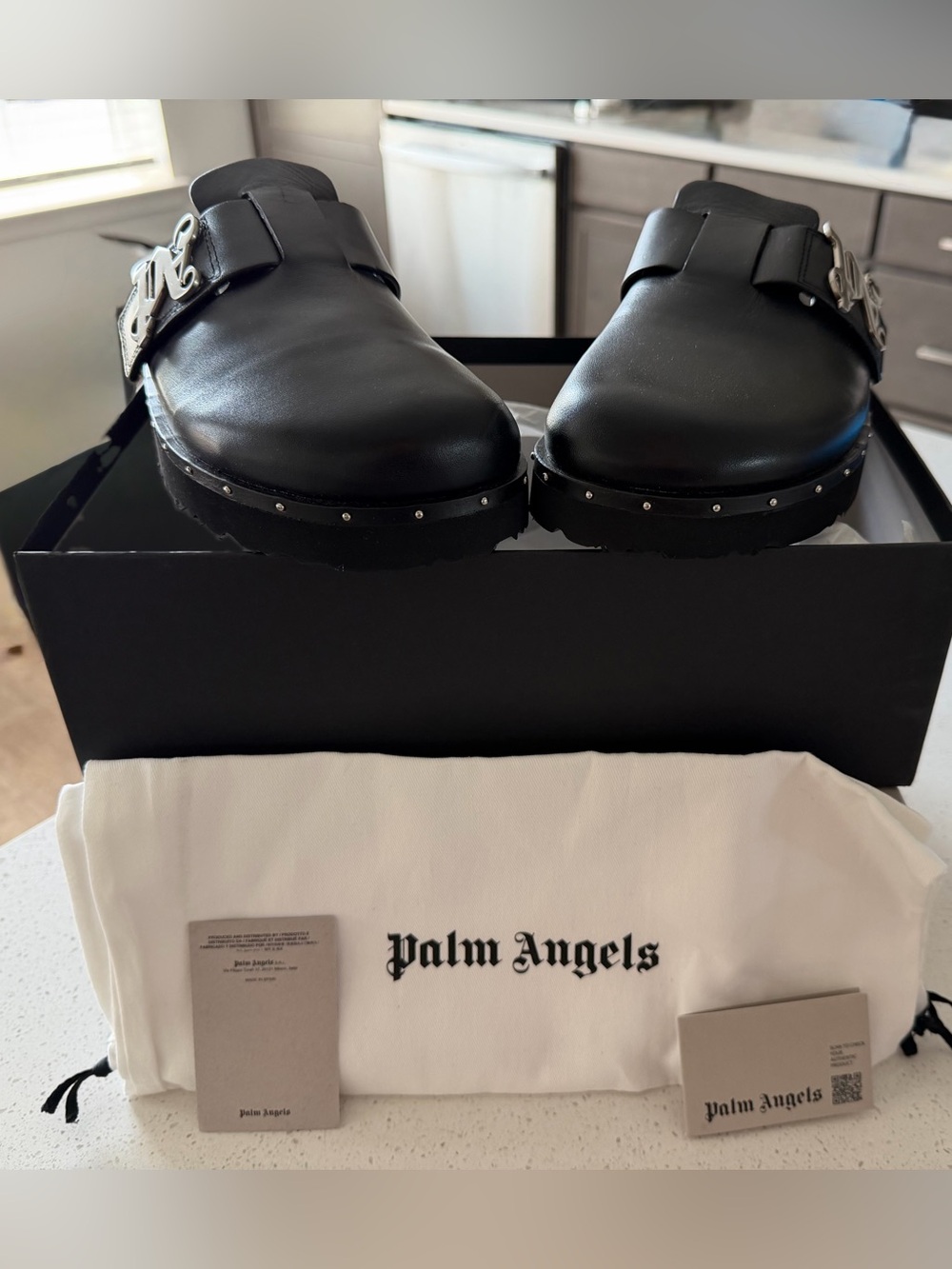 Palm Angels Black Leather Studded Clog Mules